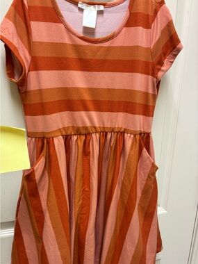Girls' Striped Short Sleeve Casual Dress in Orange and Pink